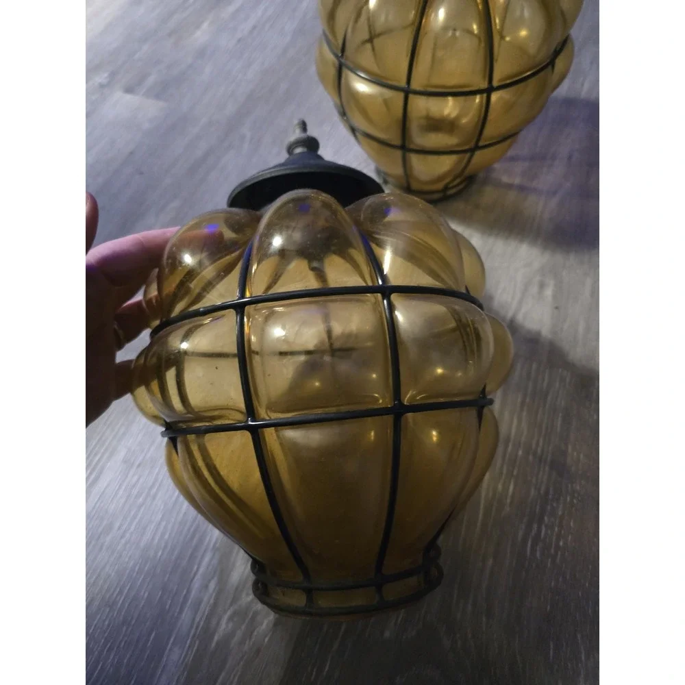 Set Of 2 Vintage Caged Glass Amber Blown Lamp Globe Shade Estate Find